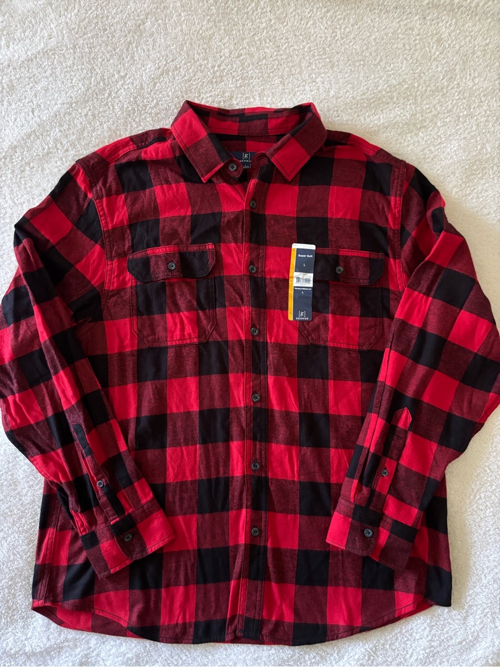NWT George Men’s Red and Black Plaid Flannel Button-Up Shirt